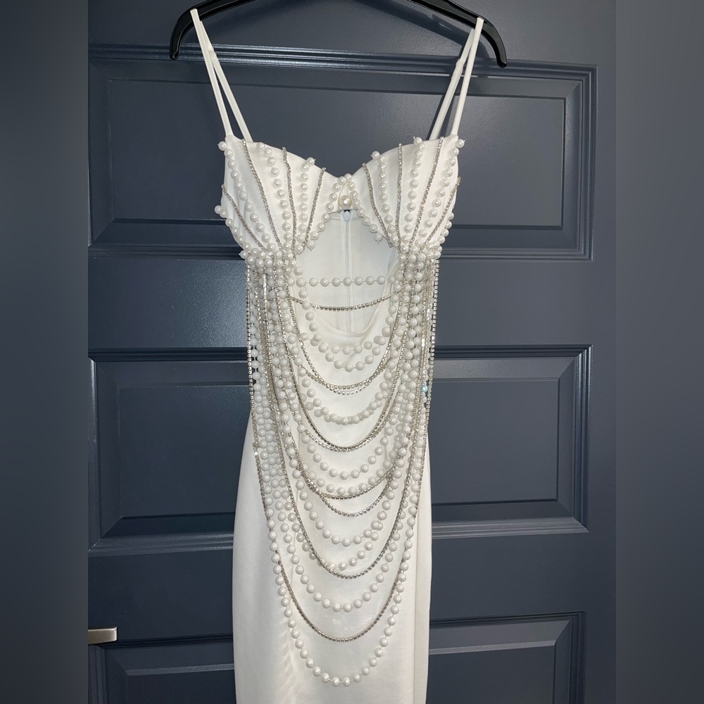 Fashion Nova Ariel Pearl Embellished Midi White Dress Size: S
